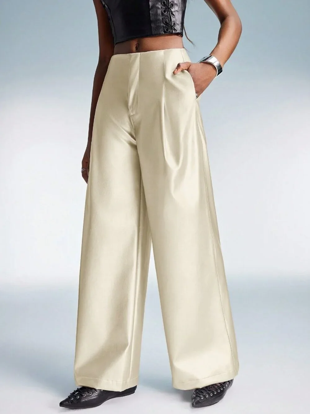 Beige Casual Women's Waist Cinched Wide Leg Straight Pants - Picture 4 of 5